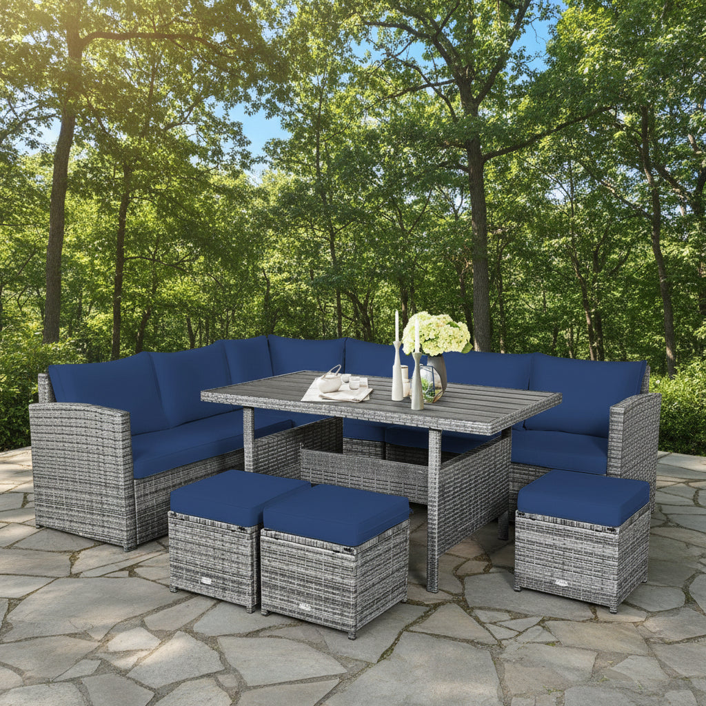 7 Pieces Patio Rattan Dining Furniture Sectional Sofa Set with Wicker Ottoman