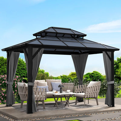 12'X10' Hardtop Gazebo, Aluminum Permanent Pavilion with Polycarbonate Double Roof, Removable Curtains & Mosquito Netting for Patio, Garden, Lawn, Upgrade Your Outdoors: Heavy Duty Hardtop Gazebo
