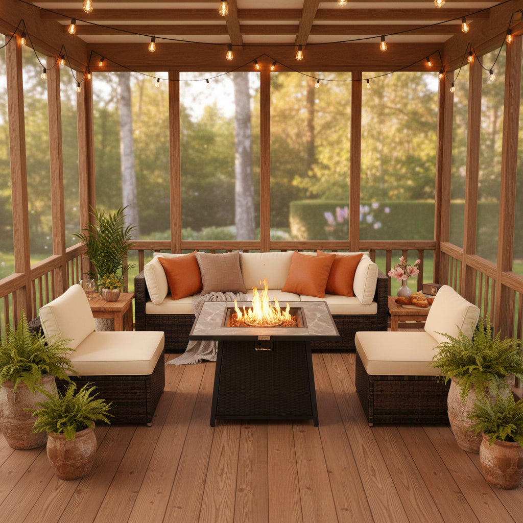 7 Pieces Patio Furniture Set with 35 Inches 50000 BTU Propane Gas Fire Pit Table and Waterproof Cover for Firpit
