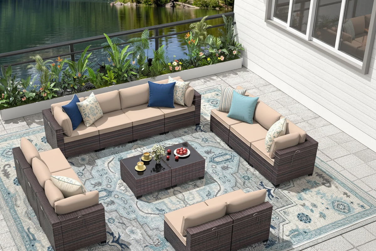 14 Pieces Outdoor Patio Furniture Set,Outdoor Sectional Furniture All Weather PE Rattan Wicker Patio Conversation Set, Custom