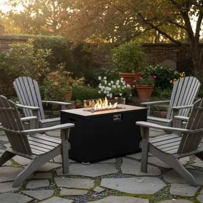 43 Inch Fire Pit for Outdoor - 50,000 BTU Outdoor Propane Fire Pit Table with Lid, Rain Cover & Lava Rocks - Patio Fire Pit Table with Tempered Glass for Backyard Gatherings - Black