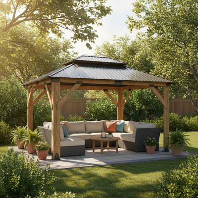 11X13Ft Wood Gazebo, Outdoor Wooden Gazebo with Galvanized Steel Double Roof, Hardtop Gazebos for Garden, Patio, Deck, Backyard