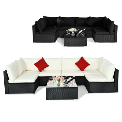 7 Pieces Sectional Wicker Furniture Sofa Set with Tempered Glass Top-Red