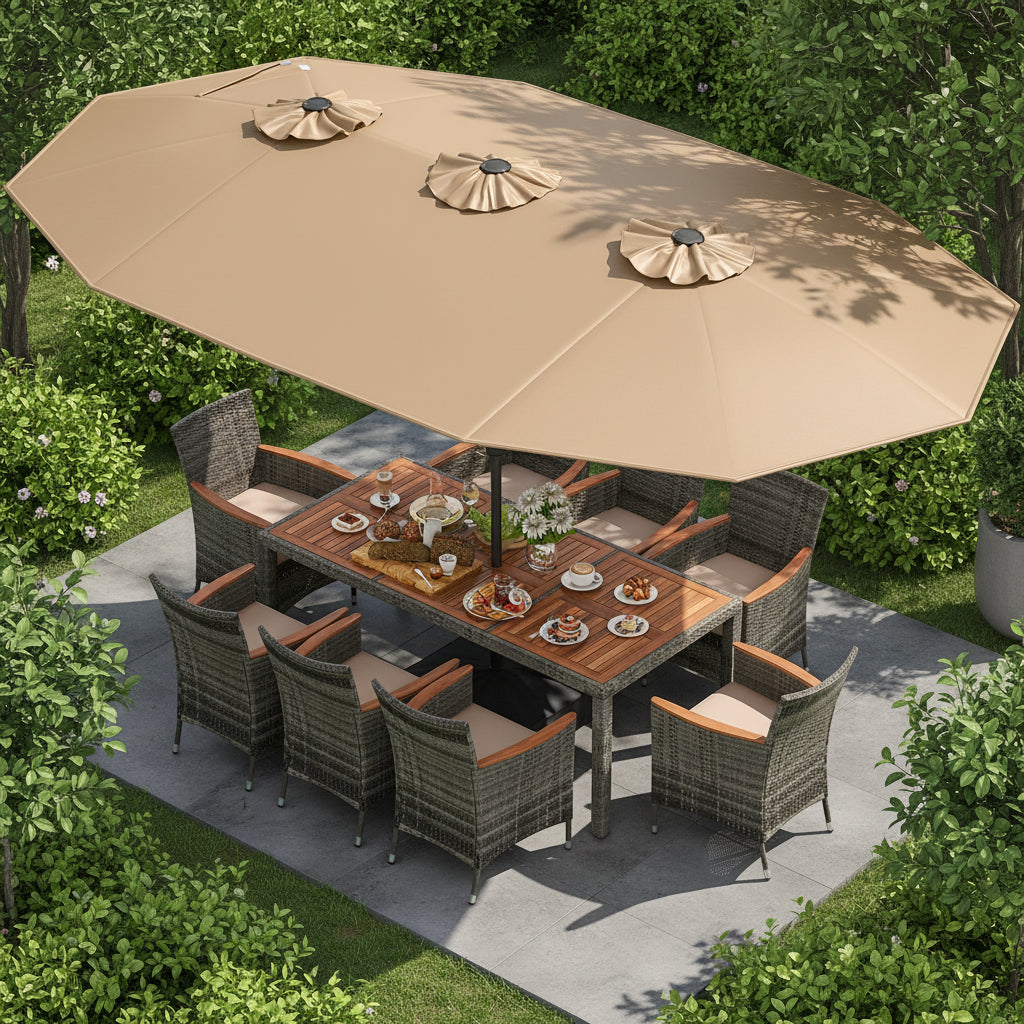 10 Pieces Patio Wicker Dining Set with 15 Feet Double-Sided Patio Umbrella