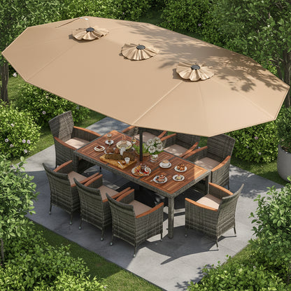 10 Pieces Patio Wicker Dining Set with 15 Feet Double-Sided Patio Umbrella