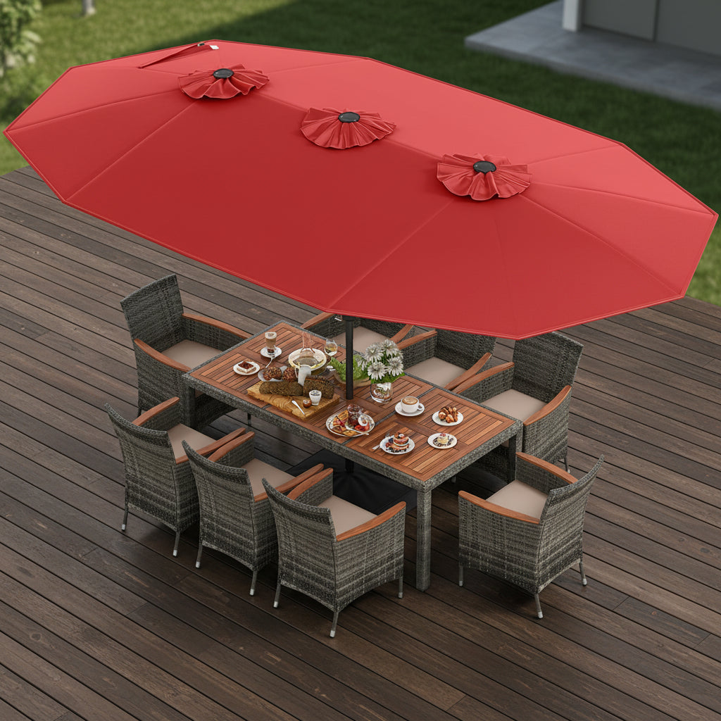 10 Pieces Patio Wicker Dining Set with 15 Feet Double-Sided Patio Umbrella