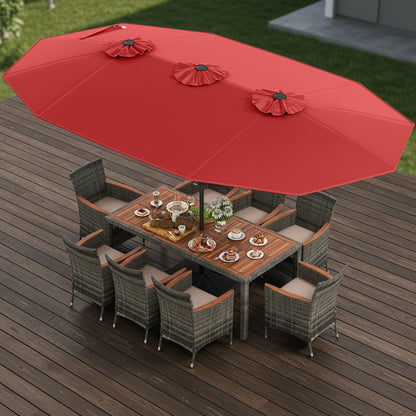 10 Pieces Patio Wicker Dining Set with 15 Feet Double-Sided Patio Umbrella
