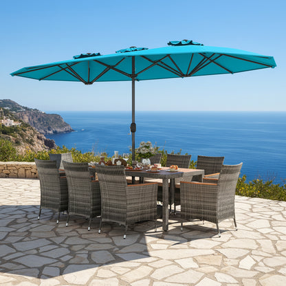 10 Pieces Patio Wicker Dining Set with 15 Feet Double-Sided Patio Umbrella