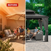 12'X14' Hardtop Gazebo, Heavy Duty Aluminum Permanent Hardtop Gazebo Outdoor Pavilion with Curtains and Netting for Garden — Before & After