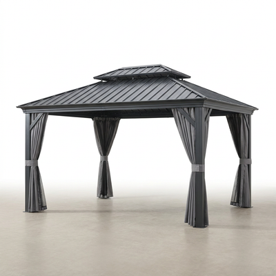 Hardtop Gazebo Built to Last Outdoors, 12x14 Aluminum Frame, Double Roof Ventilation, Curtains & Netting
