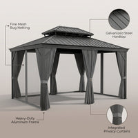 12'X14' Hardtop Gazebo, Heavy Duty Aluminum Permanent Hardtop Gazebo Outdoor Pavilion with Curtains and Netting for Garden — infographic