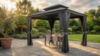 12'X14' Hardtop Gazebo, Heavy Duty Aluminum Permanent Hardtop Gazebo Outdoor Pavilion with Curtains and Netting for Garden — Lifestyle