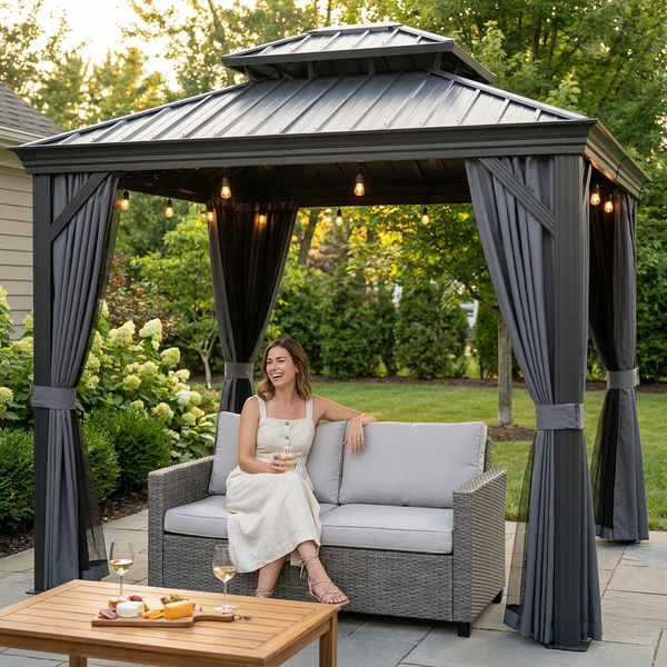 Hardtop Gazebo Built to Last Outdoors, 12x14 Aluminum Frame, Double Roof Ventilation, Curtains & Netting