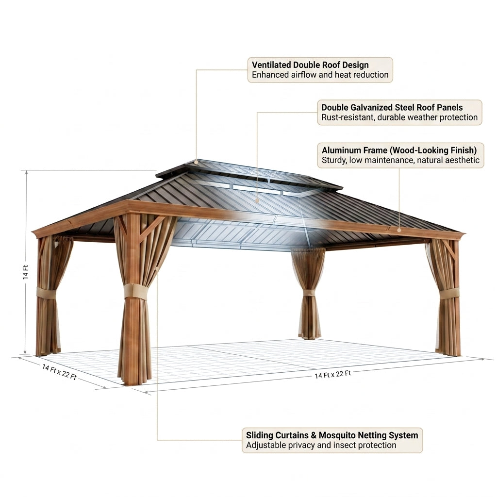 Hardtop Gazebo Built to Expand Outdoor Living, 14x22 Ft, Double Galvanized Steel Roof, Aluminum Frame