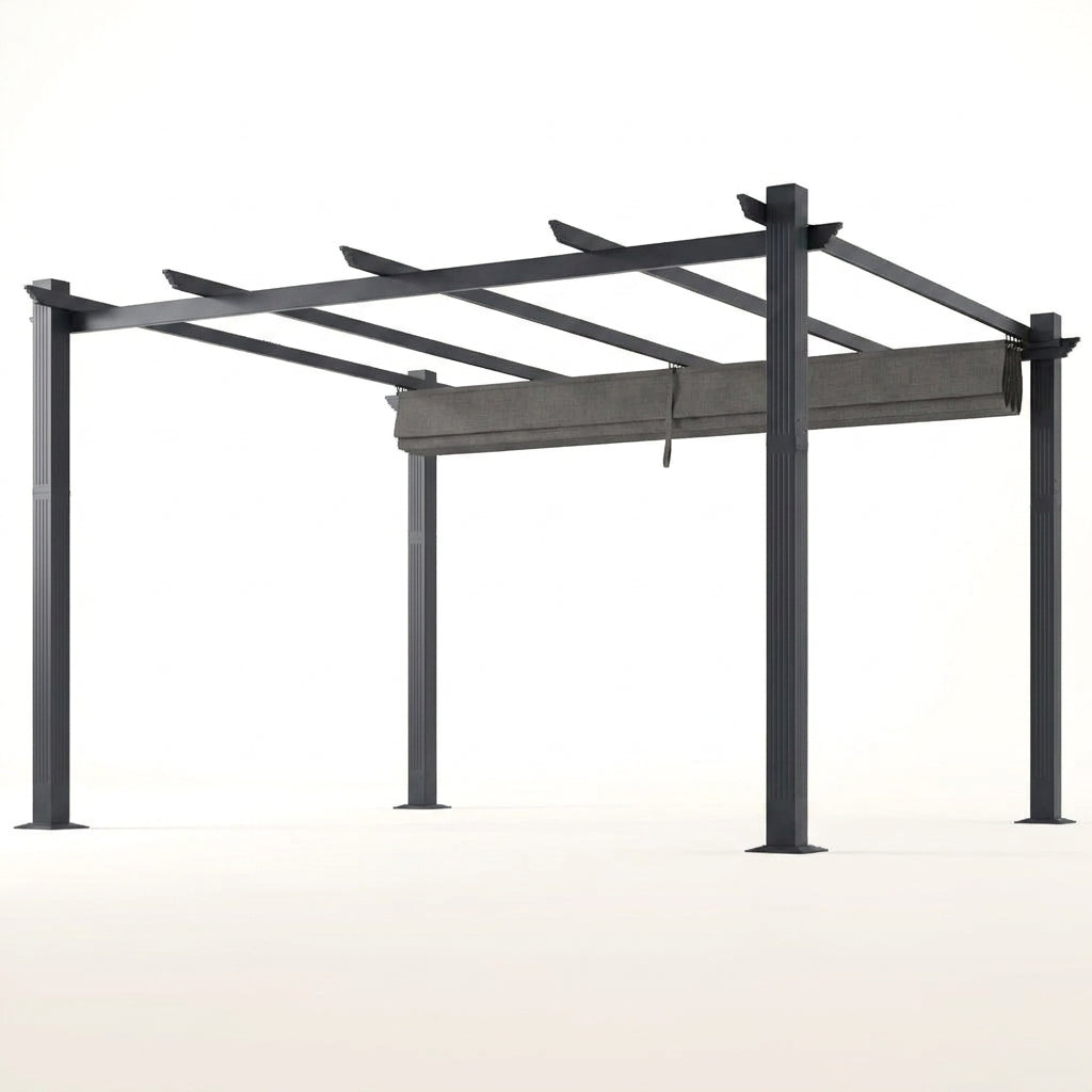 16 Ft. W X 12 Ft. D Aluminum Pergola Outdoor with Dark Gray Retractable Canopy — Studio Shot