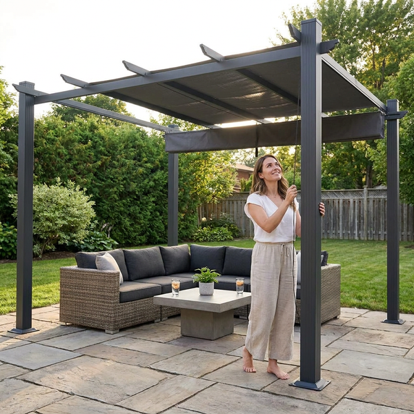 Aluminum Pergola Built to Cover Large Spaces, 16x12 ft Frame, Retractable Dark Gray Canopy, 192 Sq Ft Coverage