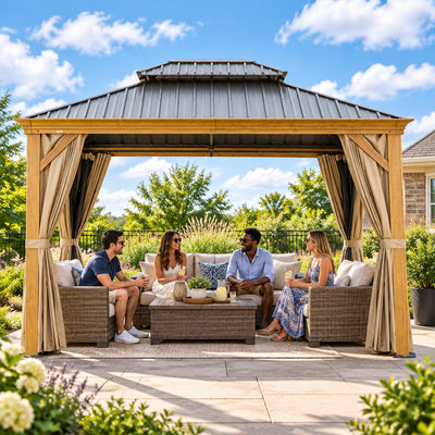 10'x12' Hardtop Gazebo with Wooden Coated Aluminum Frame and Double Steel Roof