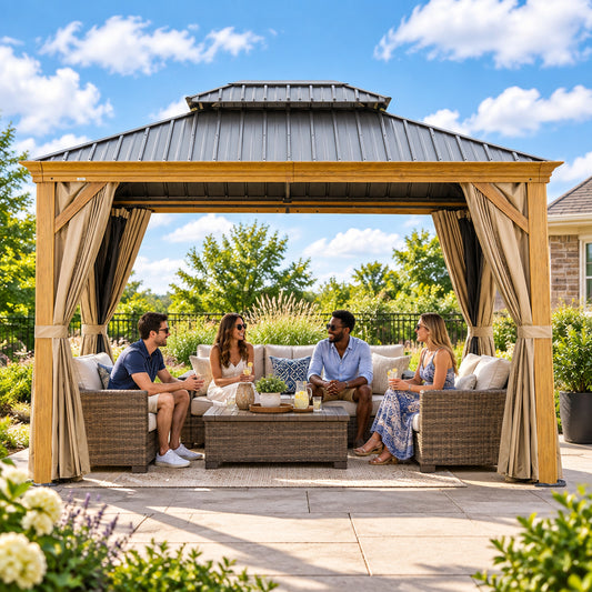 10'x12' Hardtop Gazebo with Wooden Coated Aluminum Frame and Double Steel Roof