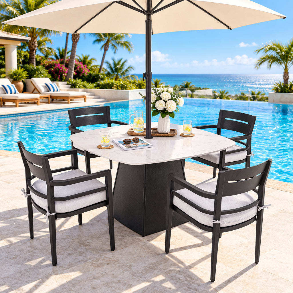 Outdoor Patio Dining Set, Squircle Dining Table, Dining Chairs With Sunbrella Cushions