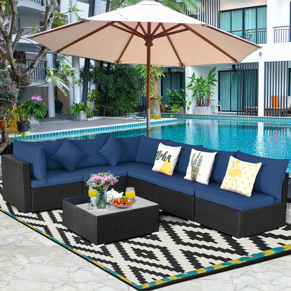 7 Pieces Sectional Wicker Furniture Sofa Set with Tempered Glass Top-Red