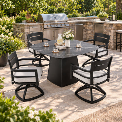 Outdoor Patio Dining Set, Squircle Dining Table, Dining Chairs With Sunbrella Cushions