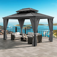 12'X14' Hardtop Gazebo, Heavy Duty Aluminum Permanent Hardtop Gazebo Outdoor Pavilion with Curtains and Netting for Garden