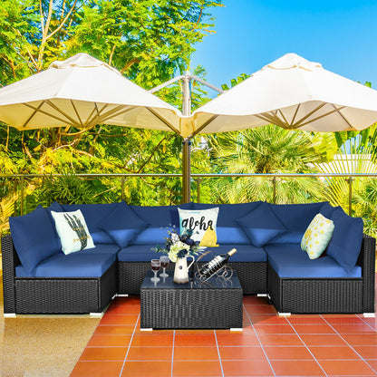 7 Pieces Sectional Wicker Furniture Sofa Set with Tempered Glass Top-Red
