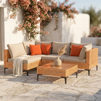 5 Piece Outdoor Patio Furniture Set Modular Outdoor Furniture Set Wicker Outdoor Sectional Sofa with Cushions and Table Patio Set for Balcony Porch Deck Yard ( (Salmon&Orange Wicker, Sand Cushion)) — Studio Shot