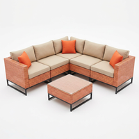 5 Piece Outdoor Patio Furniture Set Modular Outdoor Furniture Set Wicker Outdoor Sectional Sofa with Cushions and Table Patio Set for Balcony Porch Deck Yard ( (Salmon&Orange Wicker, Sand Cushion)) — Studio Shot