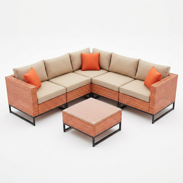 5 Piece Outdoor Patio Furniture Set Modular Outdoor Furniture Set Wicker Outdoor Sectional Sofa with Cushions and Table Patio Set for Balcony Porch Deck Yard ( (Salmon&Orange Wicker, Sand Cushion)) — Studio Shot