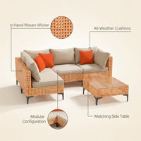5 Piece Outdoor Patio Furniture Set Modular Outdoor Furniture Set Wicker Outdoor Sectional Sofa with Cushions and Table Patio Set for Balcony Porch Deck Yard ( (Salmon&Orange Wicker, Sand Cushion)) — infographic