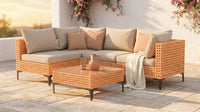 5 Piece Outdoor Patio Furniture Set Modular Outdoor Furniture Set Wicker Outdoor Sectional Sofa with Cushions and Table Patio Set for Balcony Porch Deck Yard ( (Salmon&Orange Wicker, Sand Cushion)) — Lifestyle