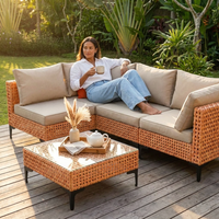 5 Piece Outdoor Patio Furniture Set Modular Outdoor Furniture Set Wicker Outdoor Sectional Sofa with Cushions and Table Patio Set for Balcony Porch Deck Yard ( (Salmon&Orange Wicker, Sand Cushion)) — Lifestyle