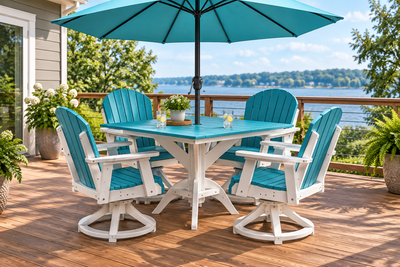 5 pc Table Set - 42" Square Table with 4x Swivel Adirondack Chairs - In Dining, Counter & Bar Height