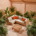 5 Piece Outdoor Patio Furniture Set Modular Outdoor Furniture Set Wicker Outdoor Sectional Sofa with Cushions and Table Patio Set for Balcony Porch Deck Yard ( (Salmon&Orange Wicker, Sand Cushion))