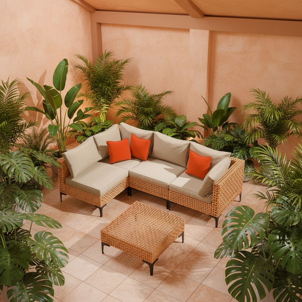5 Piece Outdoor Patio Furniture Set Modular Outdoor Furniture Set Wicker Outdoor Sectional Sofa with Cushions and Table Patio Set for Balcony Porch Deck Yard ( (Salmon&Orange Wicker, Sand Cushion))