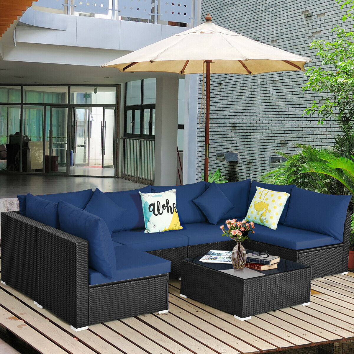 7 Pieces Sectional Wicker Furniture Sofa Set with Tempered Glass Top-Red