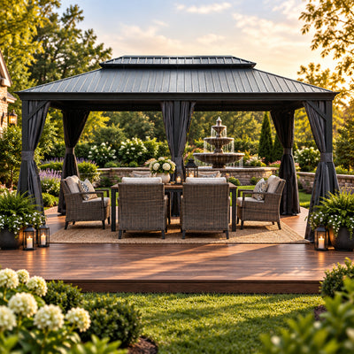 12'x20' Hardtop Gazebo with Resin Roof, Curtains, and Mosquito Netting
