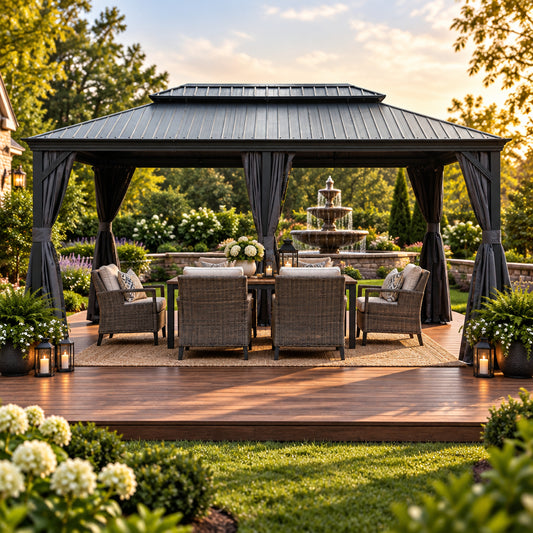 12'x20' Hardtop Gazebo with Resin Roof, Curtains, and Mosquito Netting
