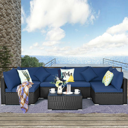 7 Pieces Sectional Wicker Furniture Sofa Set with Tempered Glass Top-Red