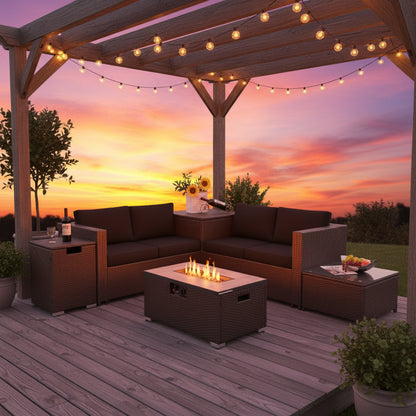 6 Pieces Outdoor Wicker Furniture Set with 32 Inch Propane Fire Pit Table