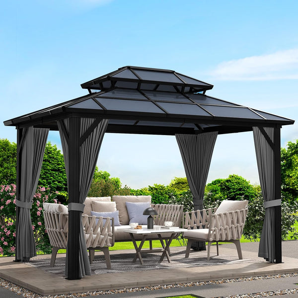 12'X10' Hardtop Gazebo, Aluminum Permanent Pavilion with Polycarbonate Double Roof, Removable Curtains & Mosquito Netting for Patio, Garden, Lawn, Upgrade Your Outdoors: Heavy Duty Hardtop Gazebo