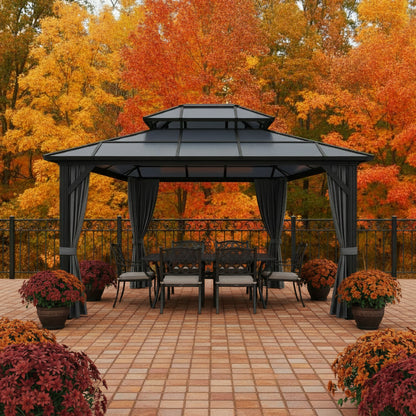 12'X10' Hardtop Gazebo, Aluminum Permanent Pavilion with Polycarbonate Double Roof, Removable Curtains & Mosquito Netting for Patio, Garden, Lawn, Upgrade Your Outdoors: Heavy Duty Hardtop Gazebo
