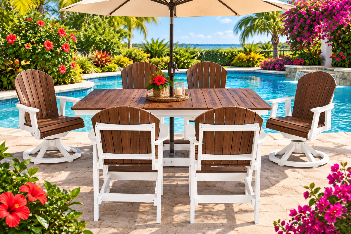 7 pc Table Set - 6' Rectangular Table with 2x Swivel Adirondack Chairs & 4x  Adirondack Chairs - In Dining, Counter &  Bar Height