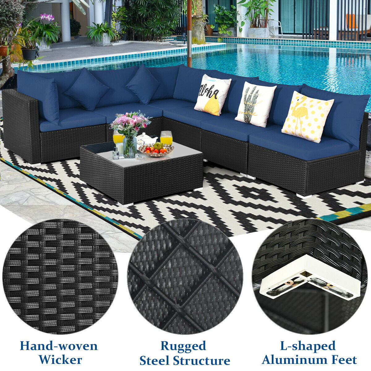 7 Pieces Sectional Wicker Furniture Sofa Set with Tempered Glass Top-Red