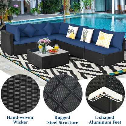 7 Pieces Sectional Wicker Furniture Sofa Set with Tempered Glass Top-Red