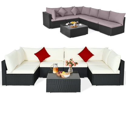 7 Pieces Sectional Wicker Furniture Sofa Set with Tempered Glass Top-Red