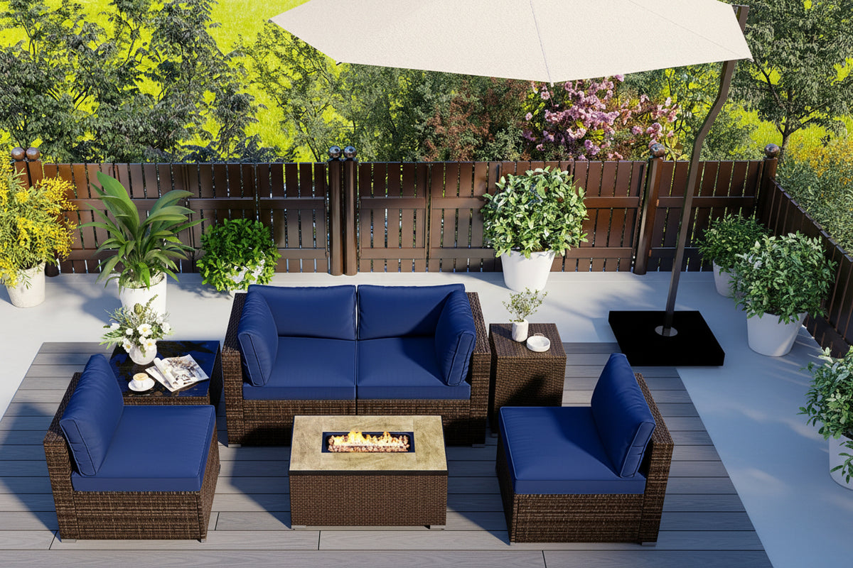 7 Pieces Outdoor Furniture Set with 32 Inch Fire Pit Table and Propane Tank Cover