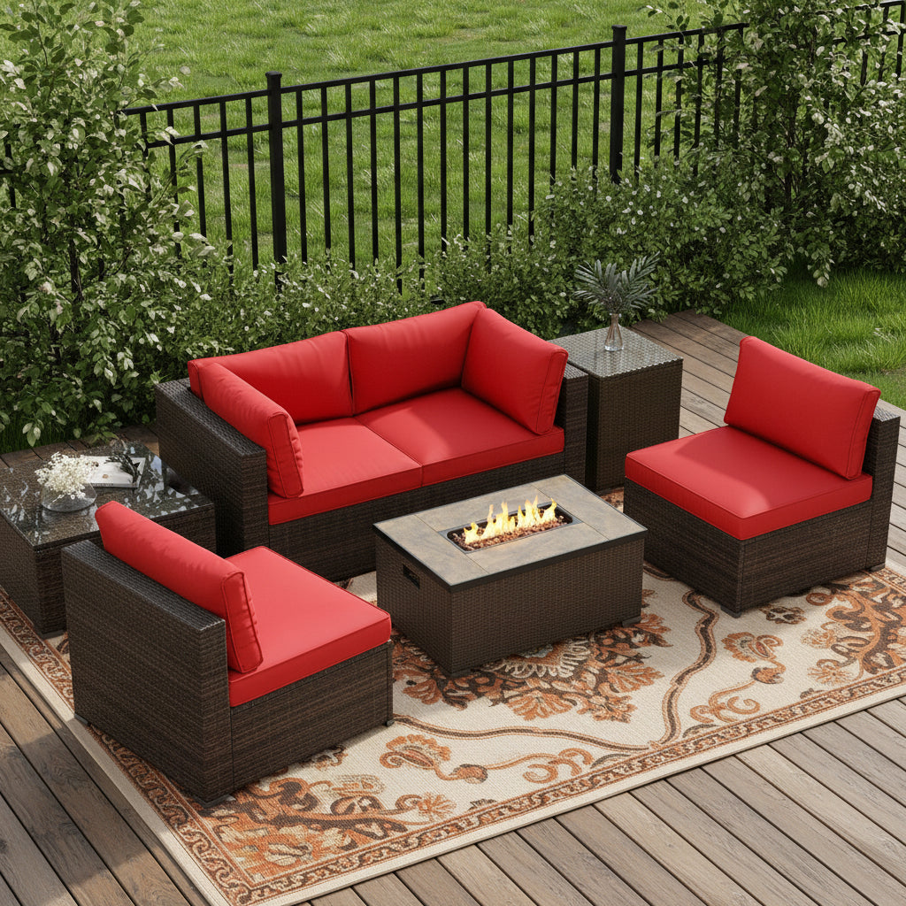 7 Pieces Outdoor Furniture Set with 32 Inch Fire Pit Table and Propane Tank Cover