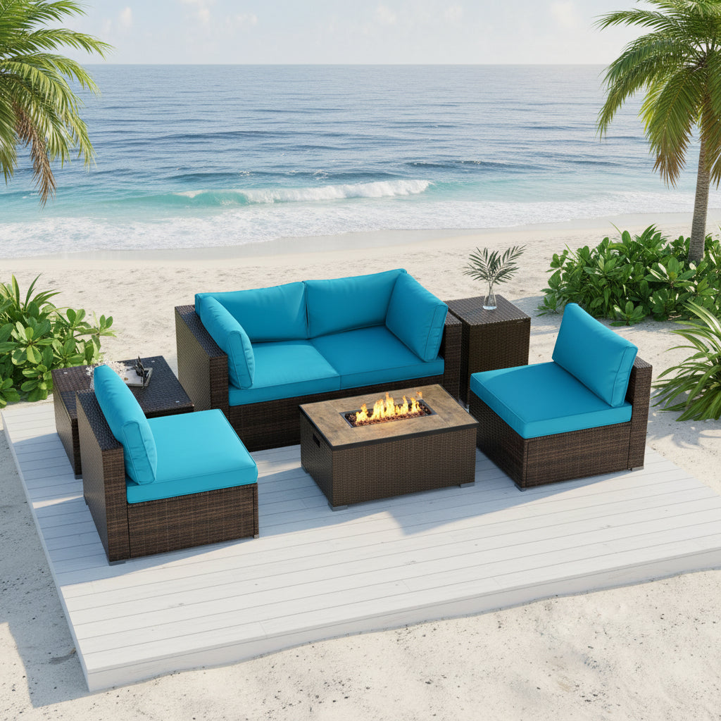 7 Pieces Outdoor Furniture Set with 32 Inch Fire Pit Table and Propane Tank Cover